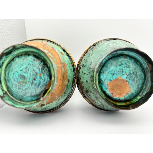 Mexican Mid-Century Silver Inlay Verdigris Vessels Matching pair 5" Tall - Picture 7 of 7